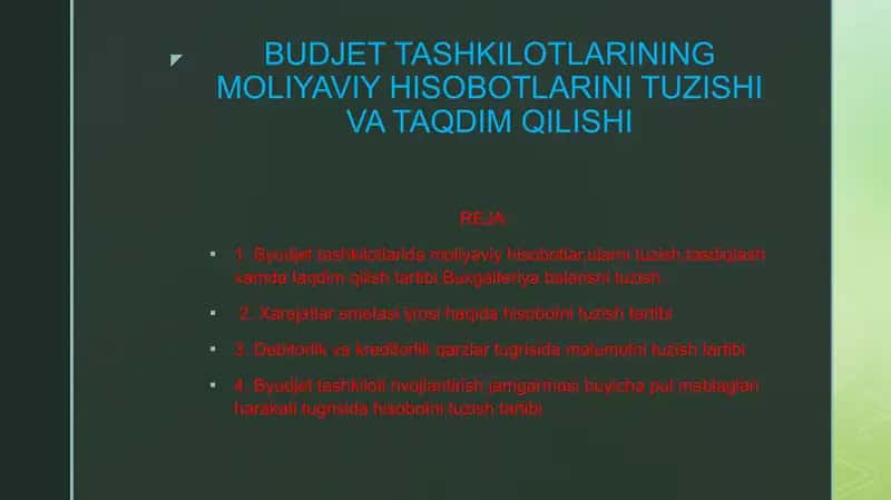 BUDJET TASHKILOTLARINING MOLIYAVIY HISOBOTLARINI TUZISHI VA TAQDIMQILISHI