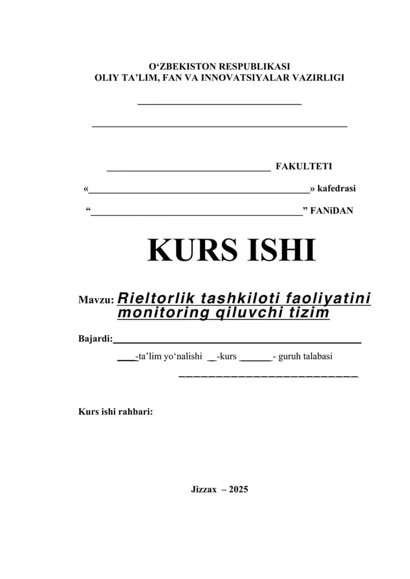 Rieltorlik tashkiloti faoliyatini monitoring qiluvchi tizim