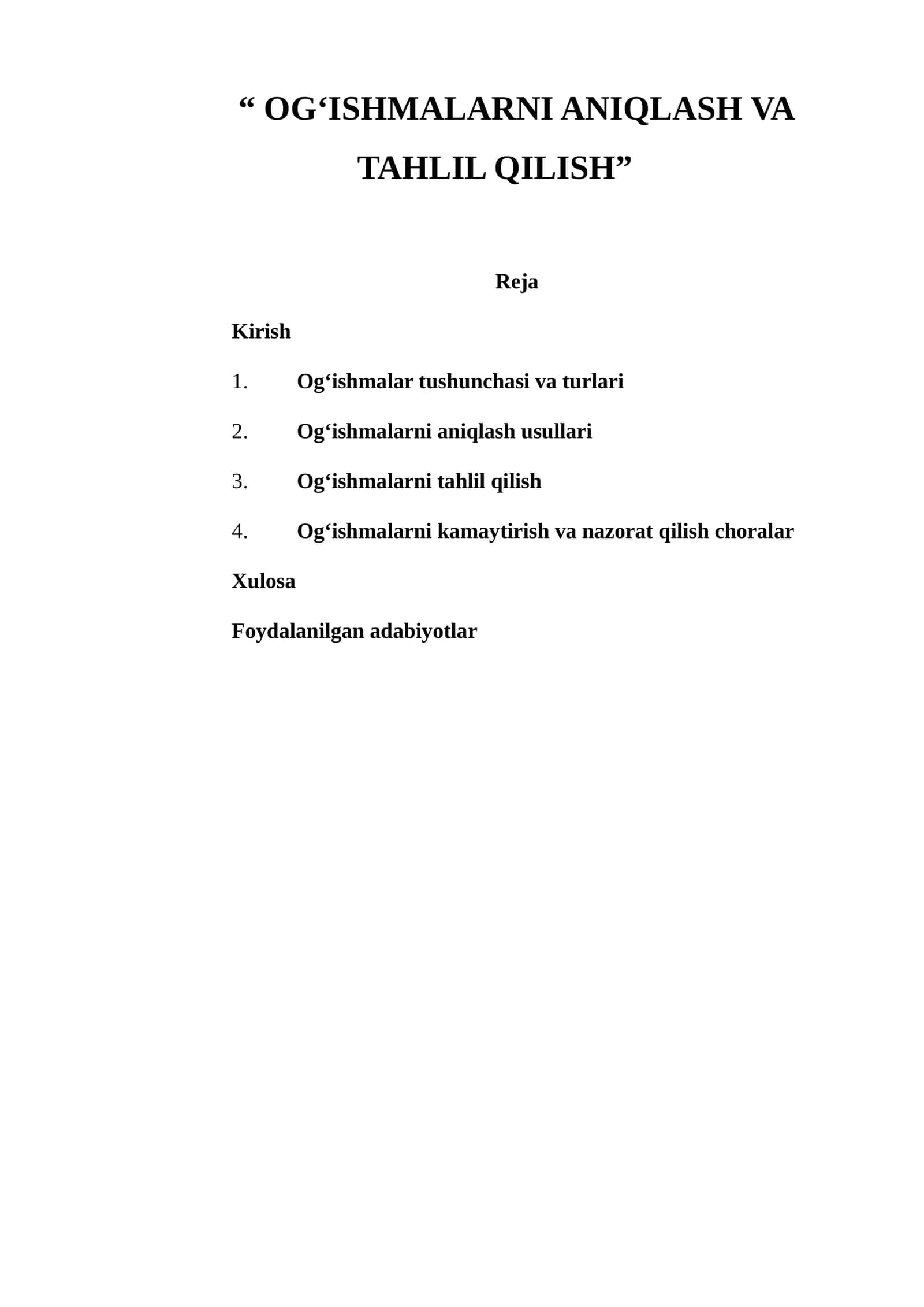 OG‘ISHMALARNI ANIQLASH VA TAHLIL QILISH