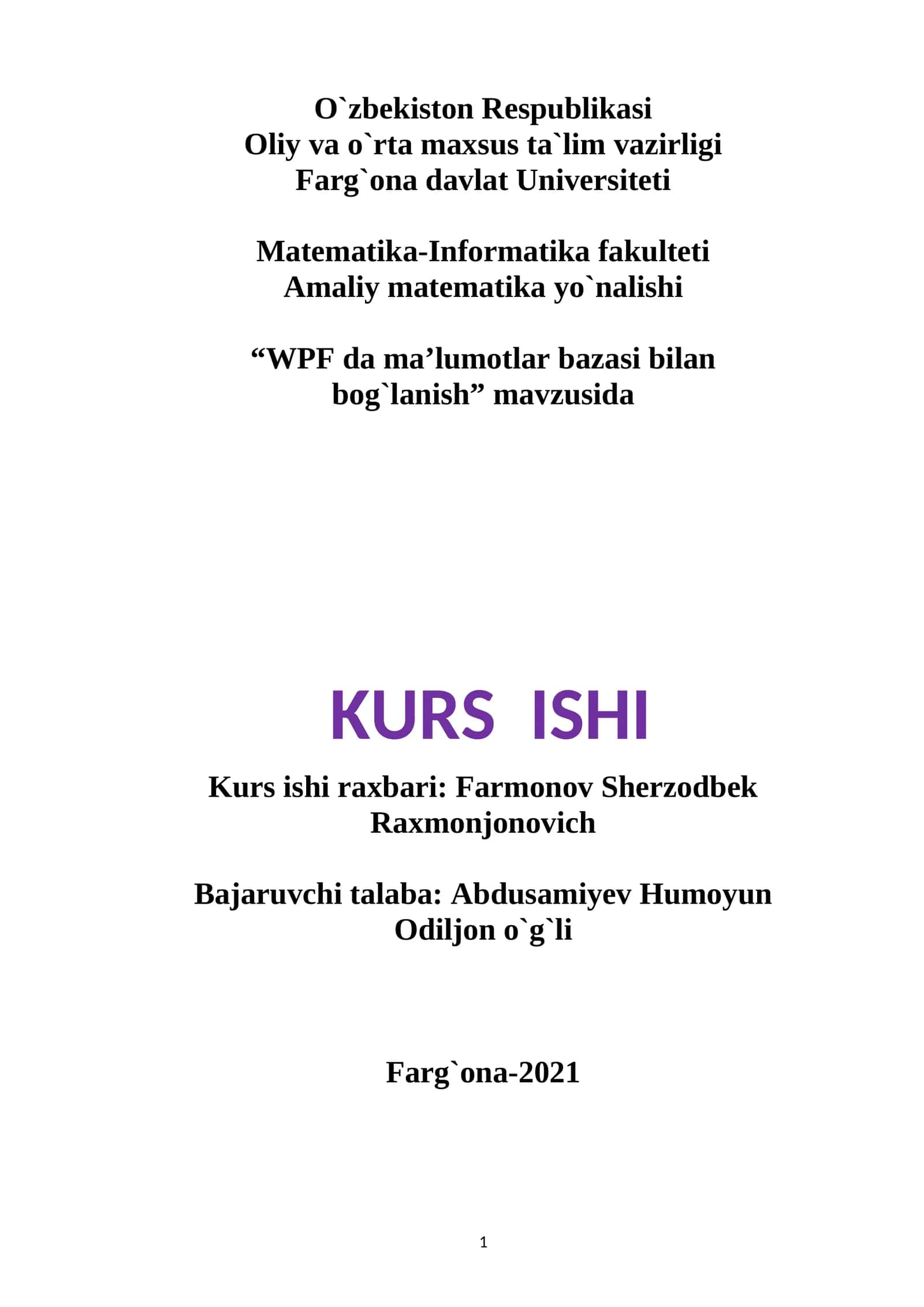 WPF da ma’lumotlar bazasi bilan bog`lanish