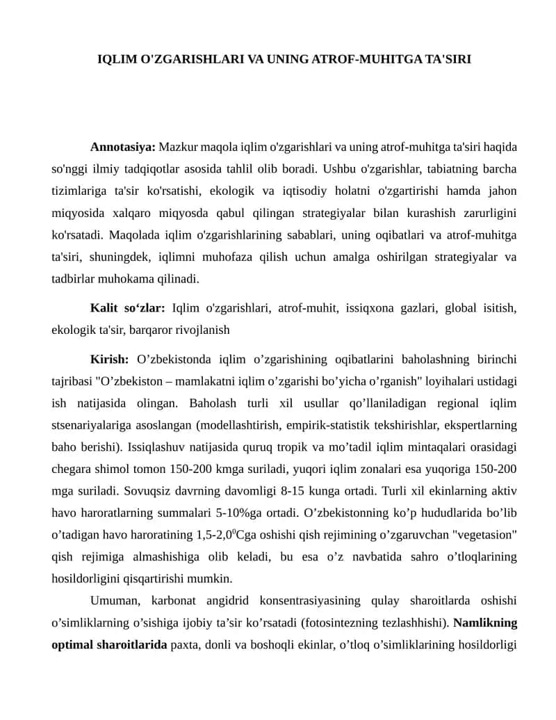 IQLIM O'ZGARISHLARI VA UNING ATROF-MUHITGA TA'SIRI