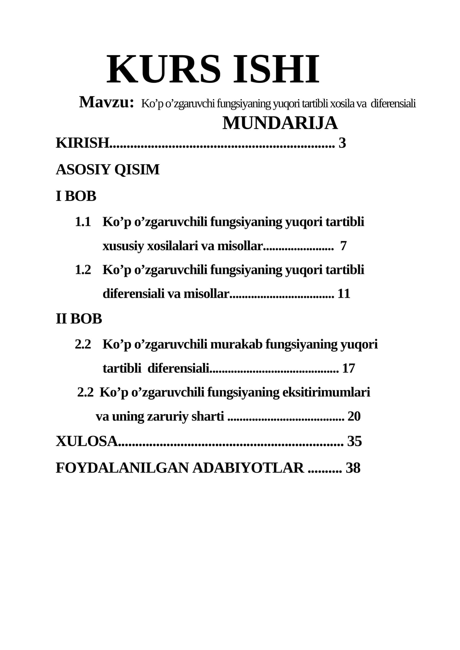 Ko’p o’zgaruvchi fungsiyaning yuqori tartibli xosila va diferensiali
