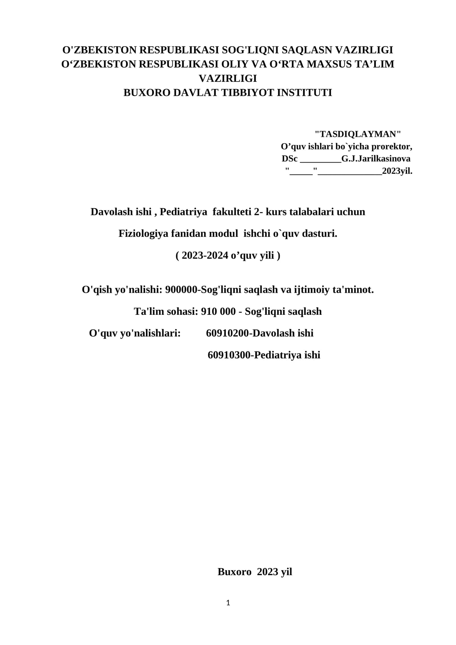 Fiziologiya fani modul ishchi o'quv dasturi