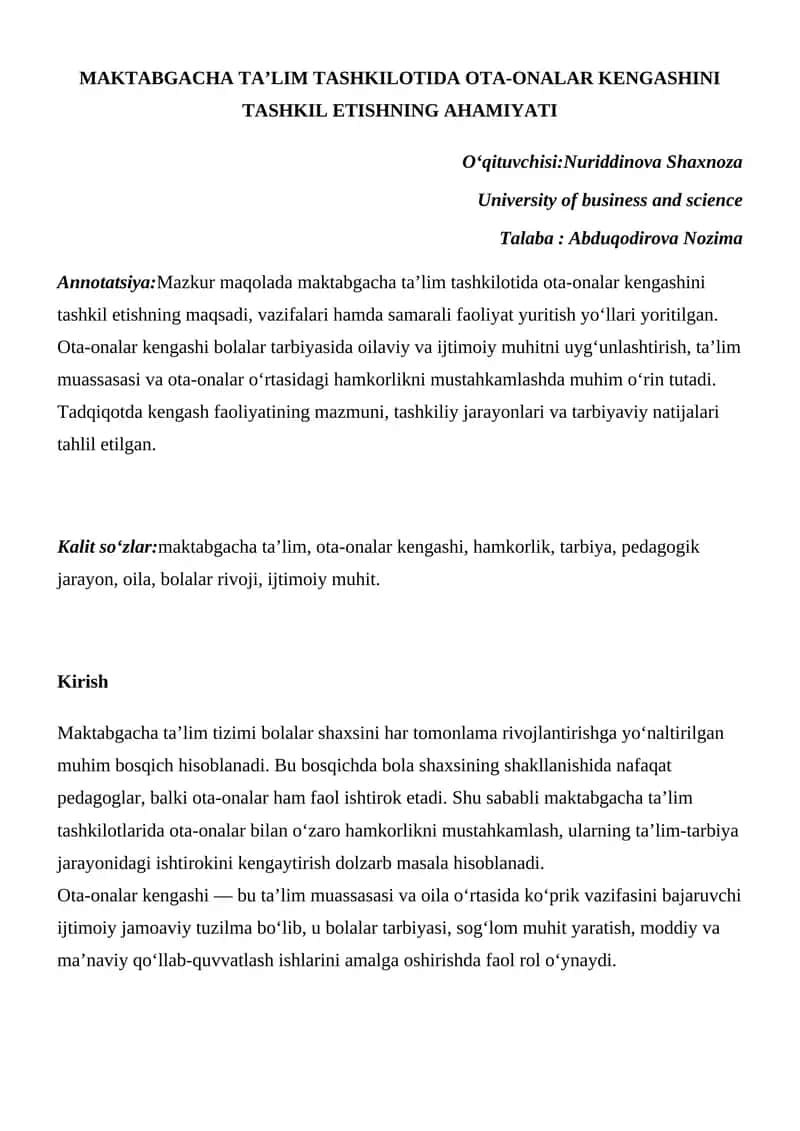 Maktabgacha Ta'lim Tashkilotida Ota-Onalar Kengashini Tashkil Etishning Ahamiyati