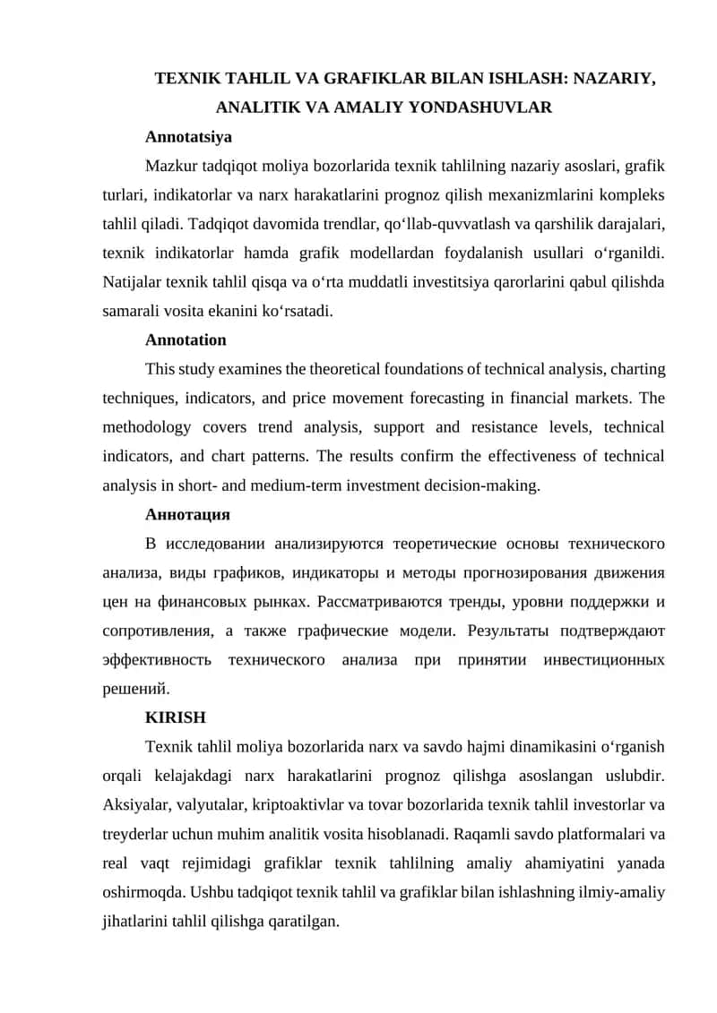 Texnik tahlil va grafiklar bilan ishlash: Nazariy, analitik va amaliy yondashuvlar