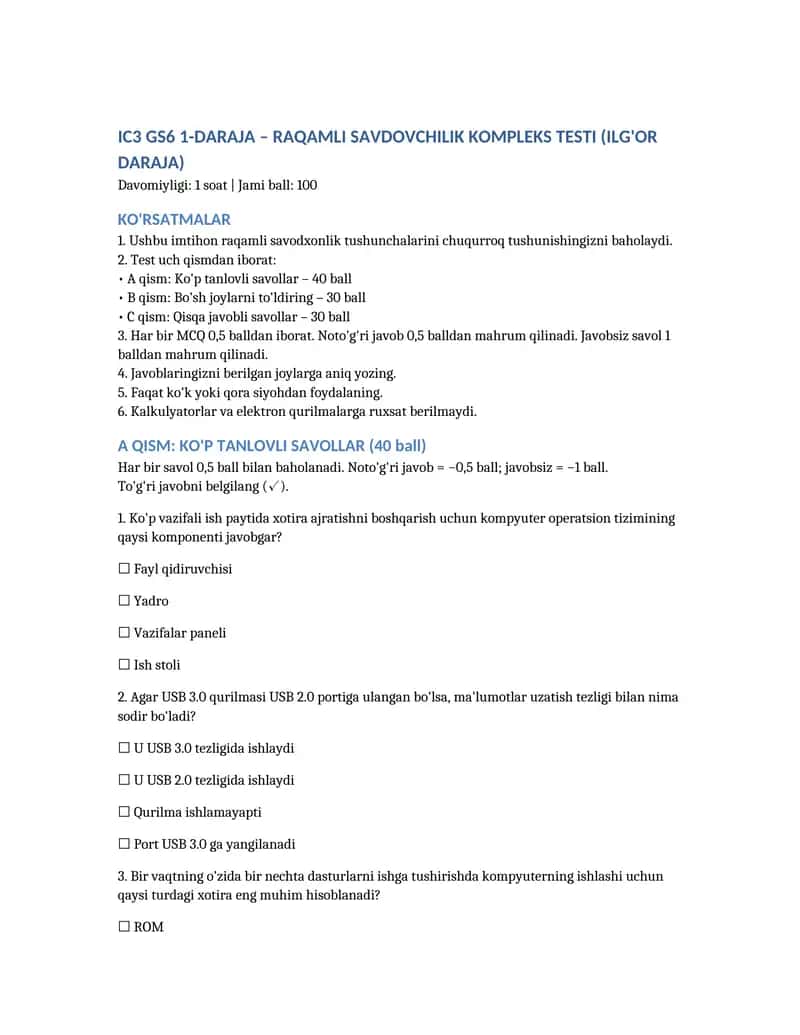 IC3 GS6 Yangi savolari