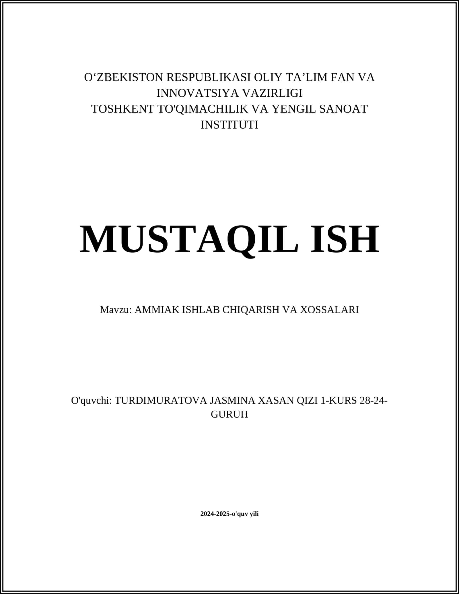 AMMIAK ISHLAB CHIQARISH VA XOSSALARI