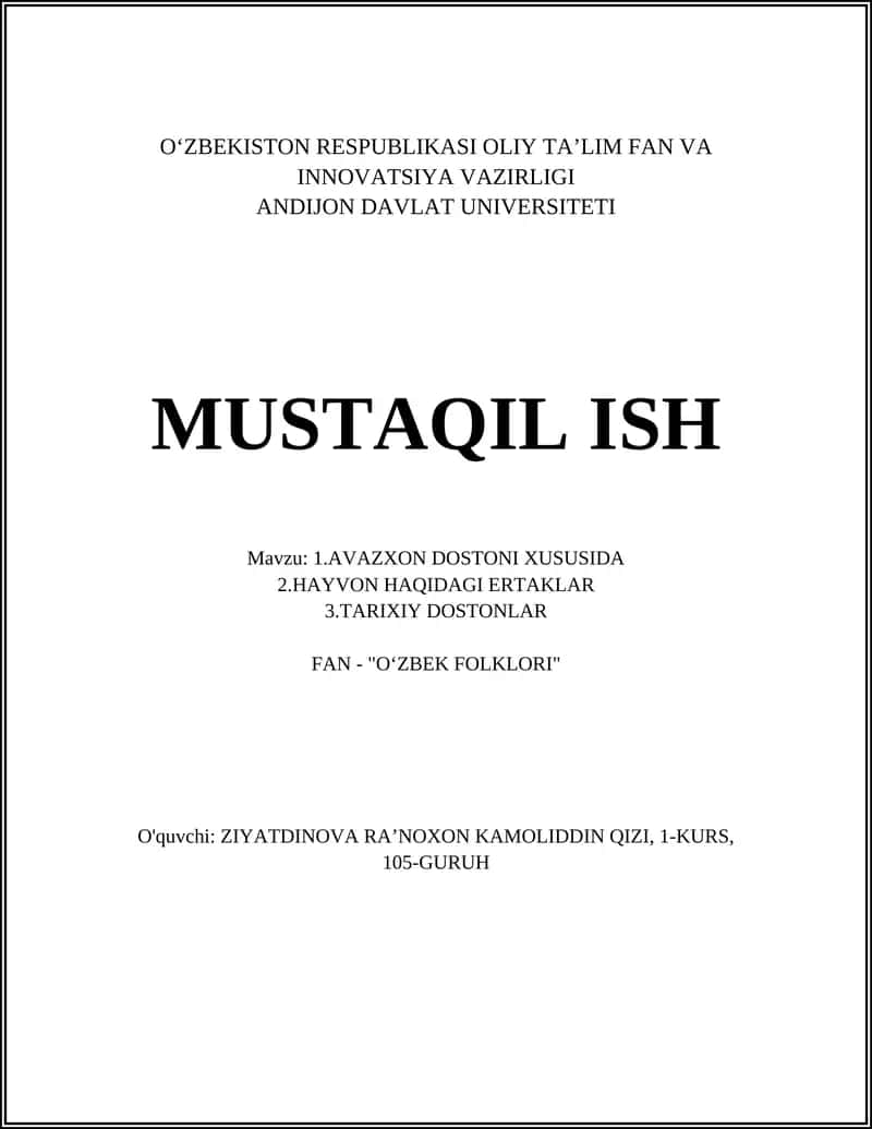 AVAZXON DOSTONI XUSUSIDA