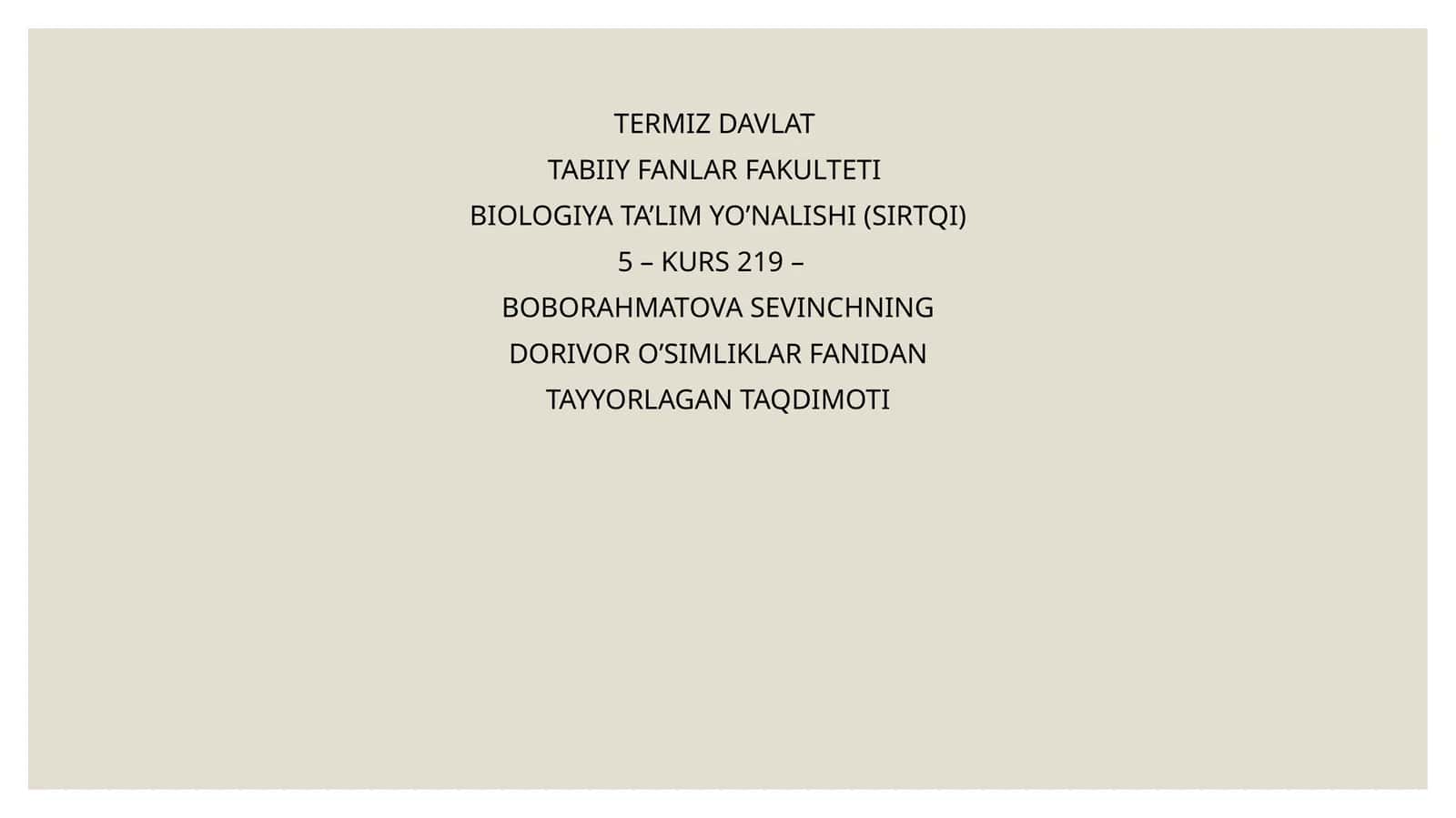 Dorivor O'simliklar Fanidagi Taqdimot