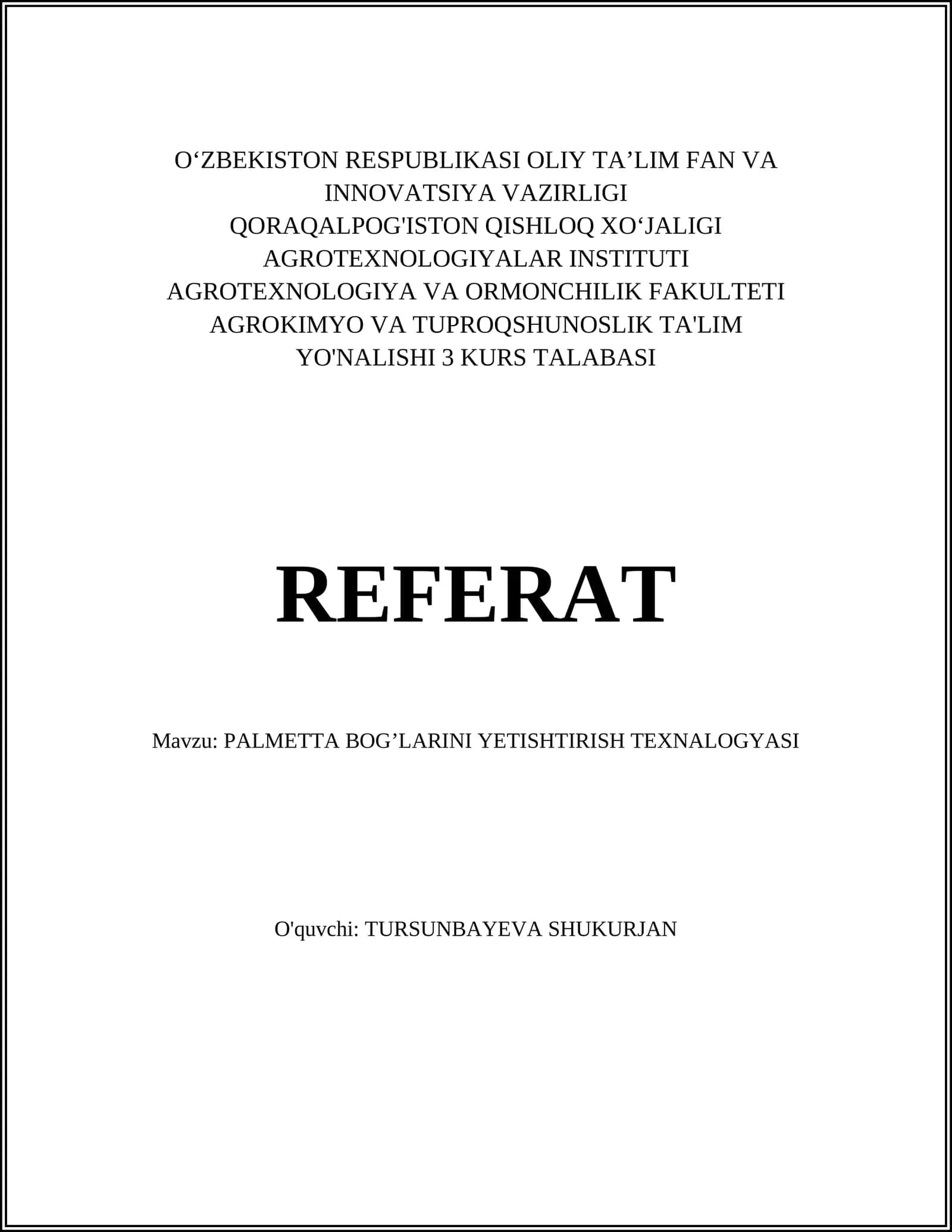 PALMETTA BOG’LARINI YETISHTIRISH TEXNALOGYASI