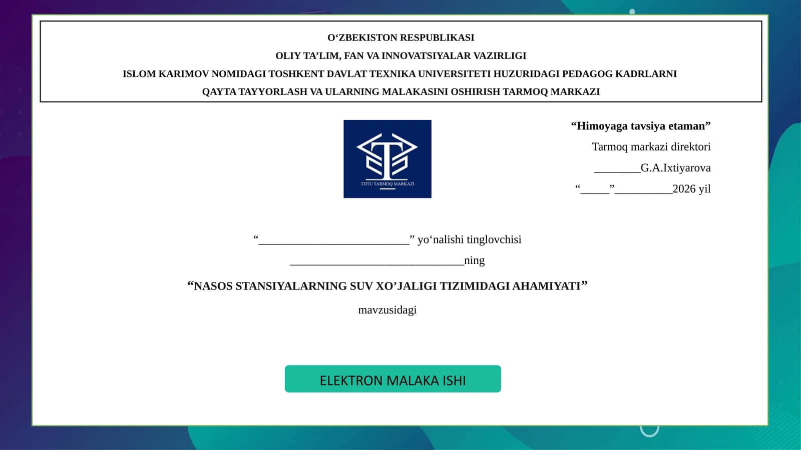 NASOS STANSIYALARNING SUVXOʼJALIGITIZIMIDAGI AHAMIYATI
