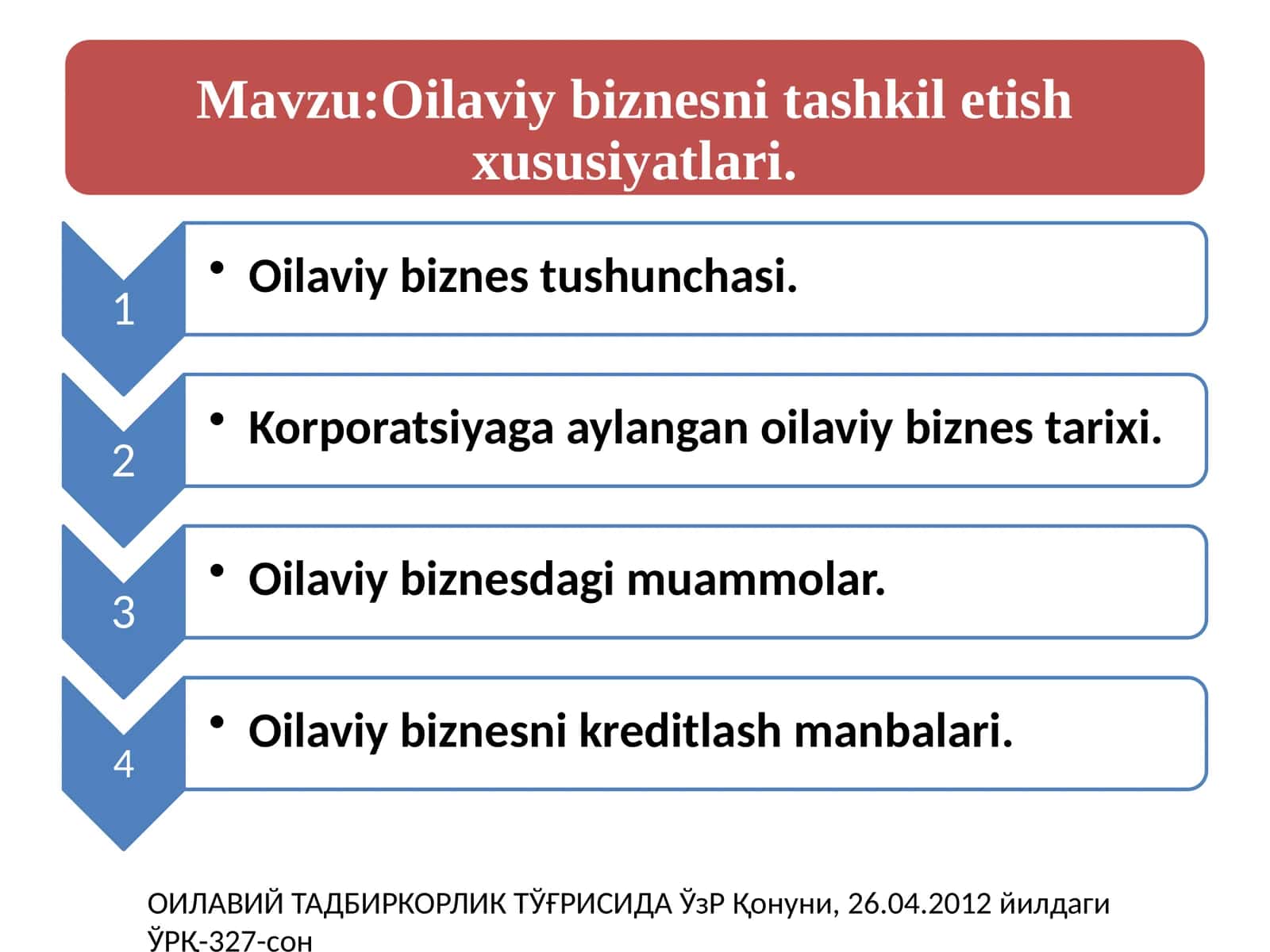 ОИЛАВИЙ ТАДБИРКОРЛИК ТЎҒРИСИДА ЎзР Қонуни, 26.04.2012 йилдаги ЎРҚ-327-сон