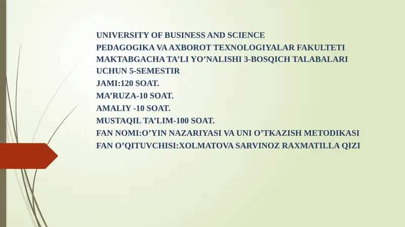 O’YIN NAZARIYASI VA UNI O’TKAZISH METODIKASI