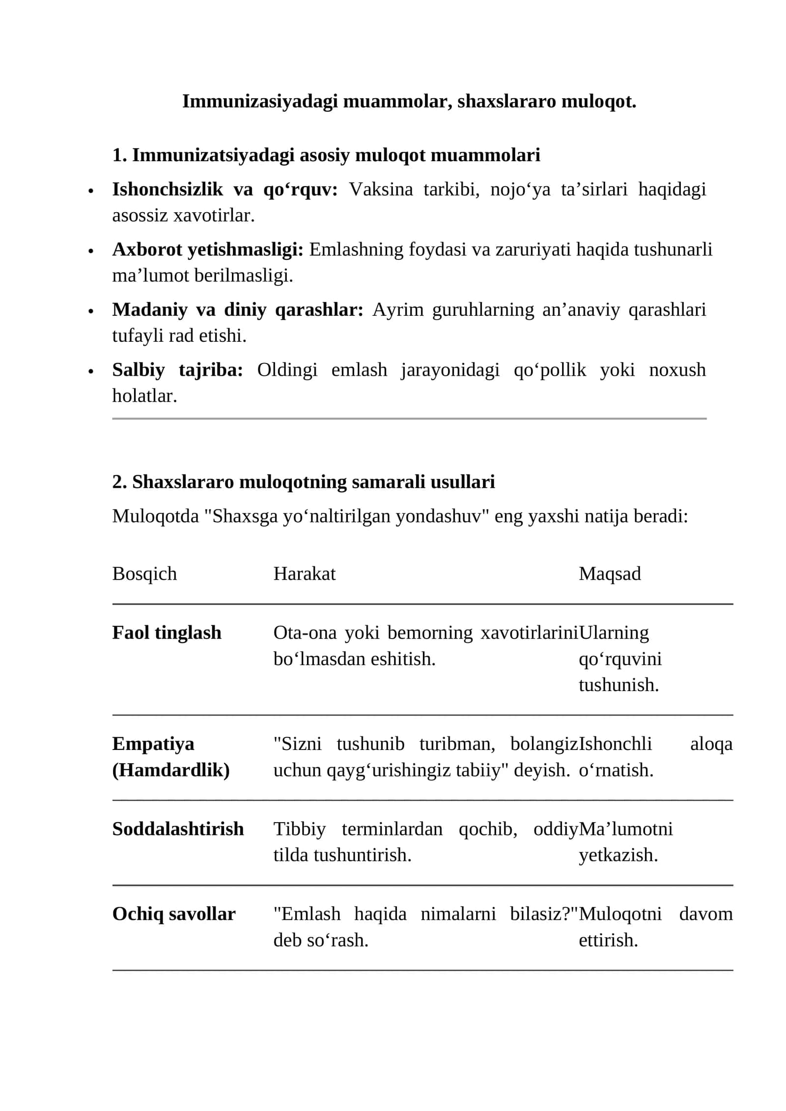 Immunizasiyadagi muammolar, shaxslararo muloqot