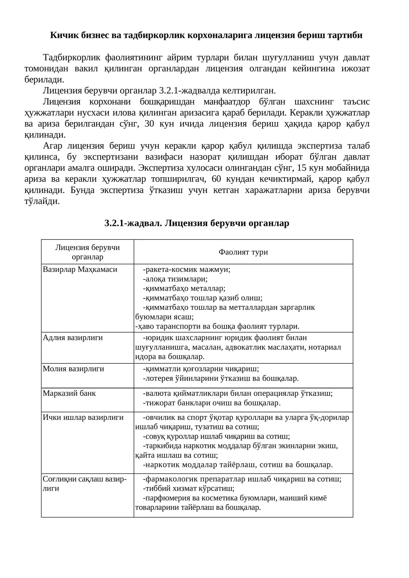 Кичик бизнес ва тадбиркорлик корхоналарига лицензия бериш тартиби