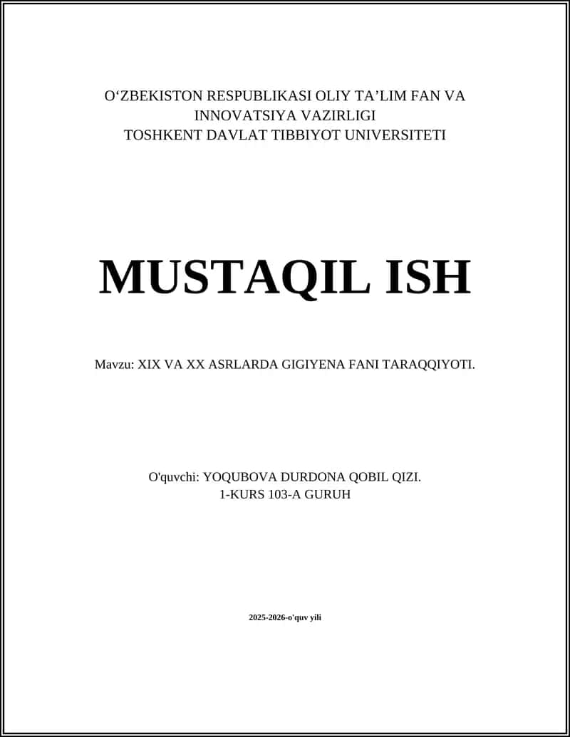 XIX VA XX ASRLARDA GIGIYENA FANI TARAQQIYOTI