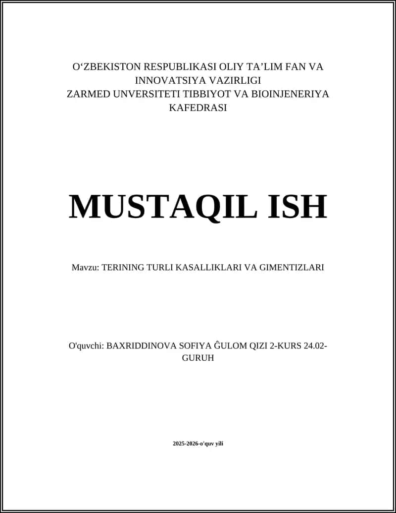 TERINING TURLI KASALLIKLARI VA GIMENTIZLARI
