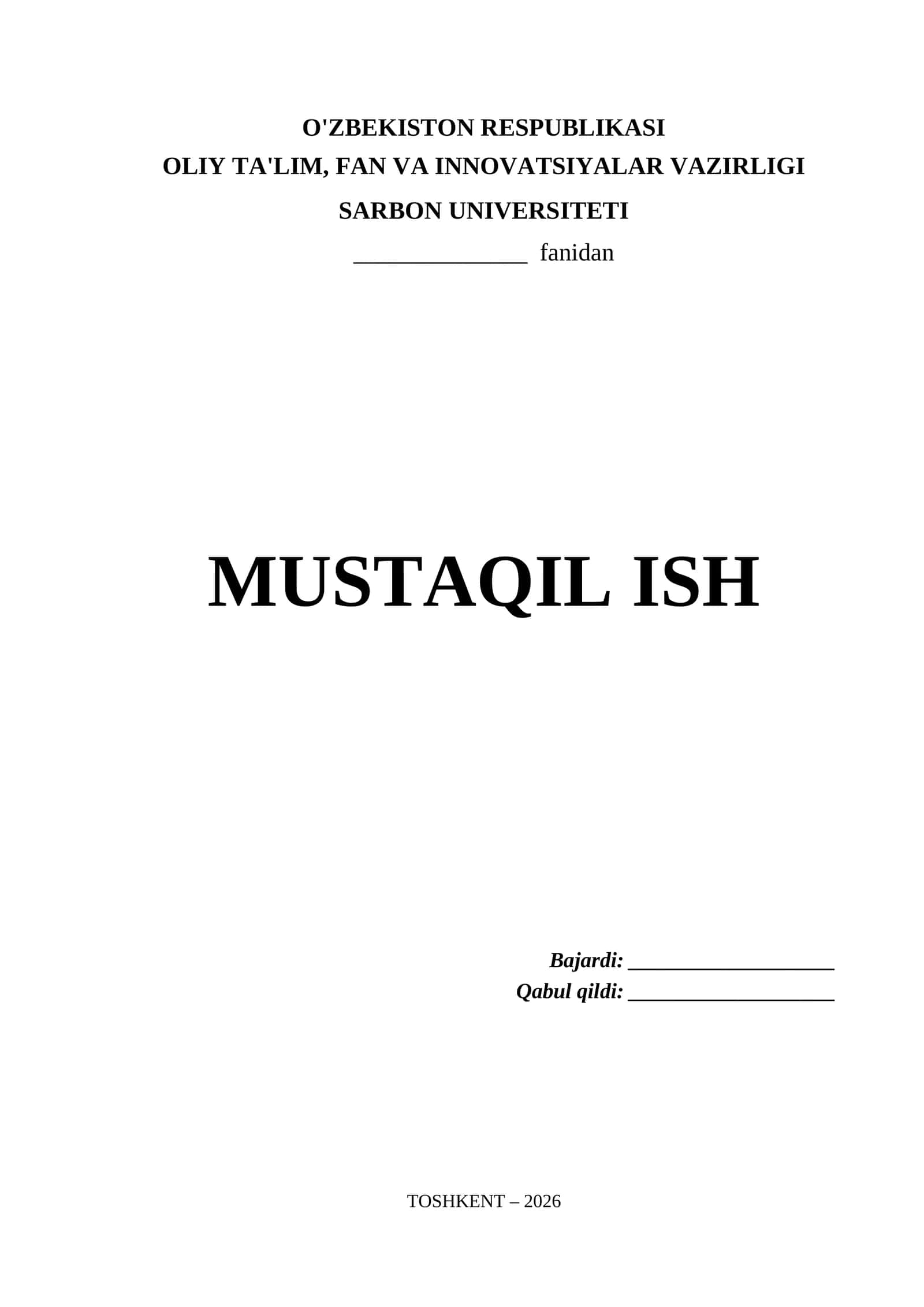 Sarbon Universiteti Mustaqil Ish Titul Varaq (.docx)