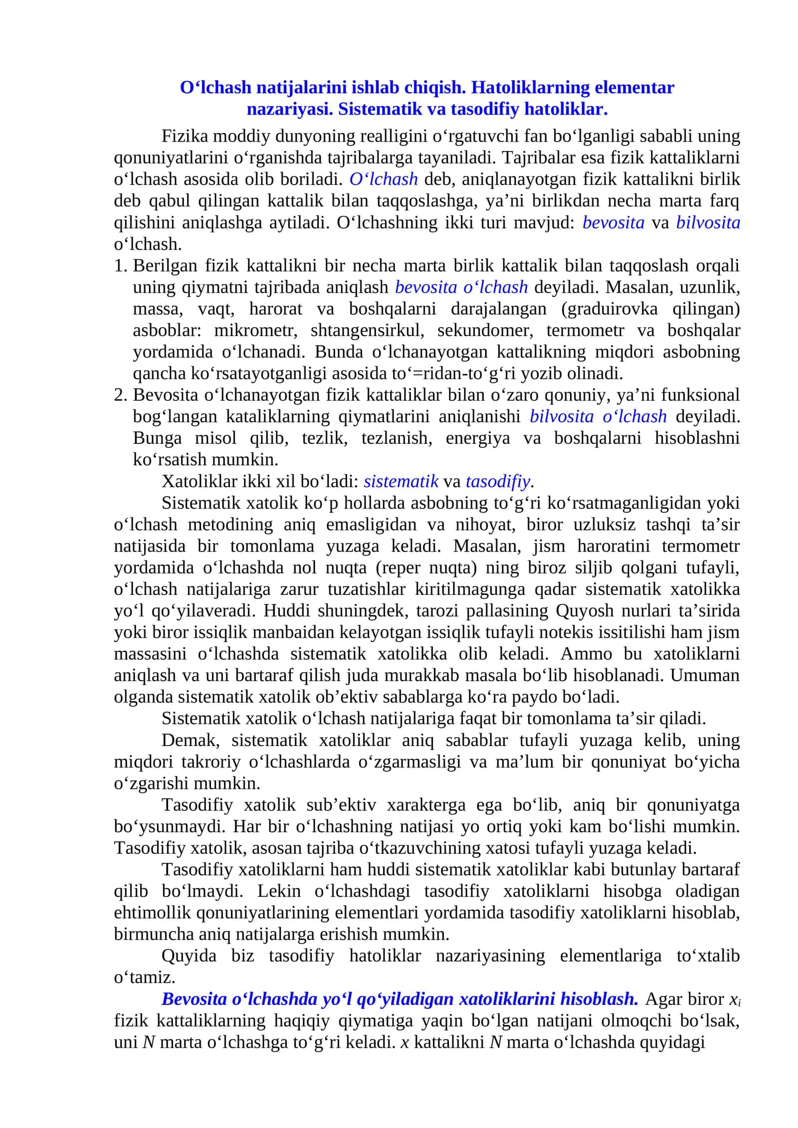 O‘lchash natijalarini ishlab chiqish