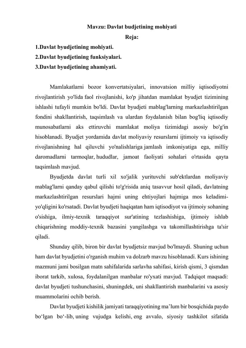 Davlat budjetining mohiyati
