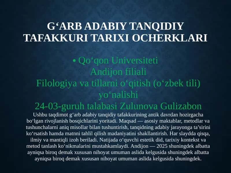 G‘ARBADABIYTANQIDIY TAFAKKURI TARIXIOCHERKLARI