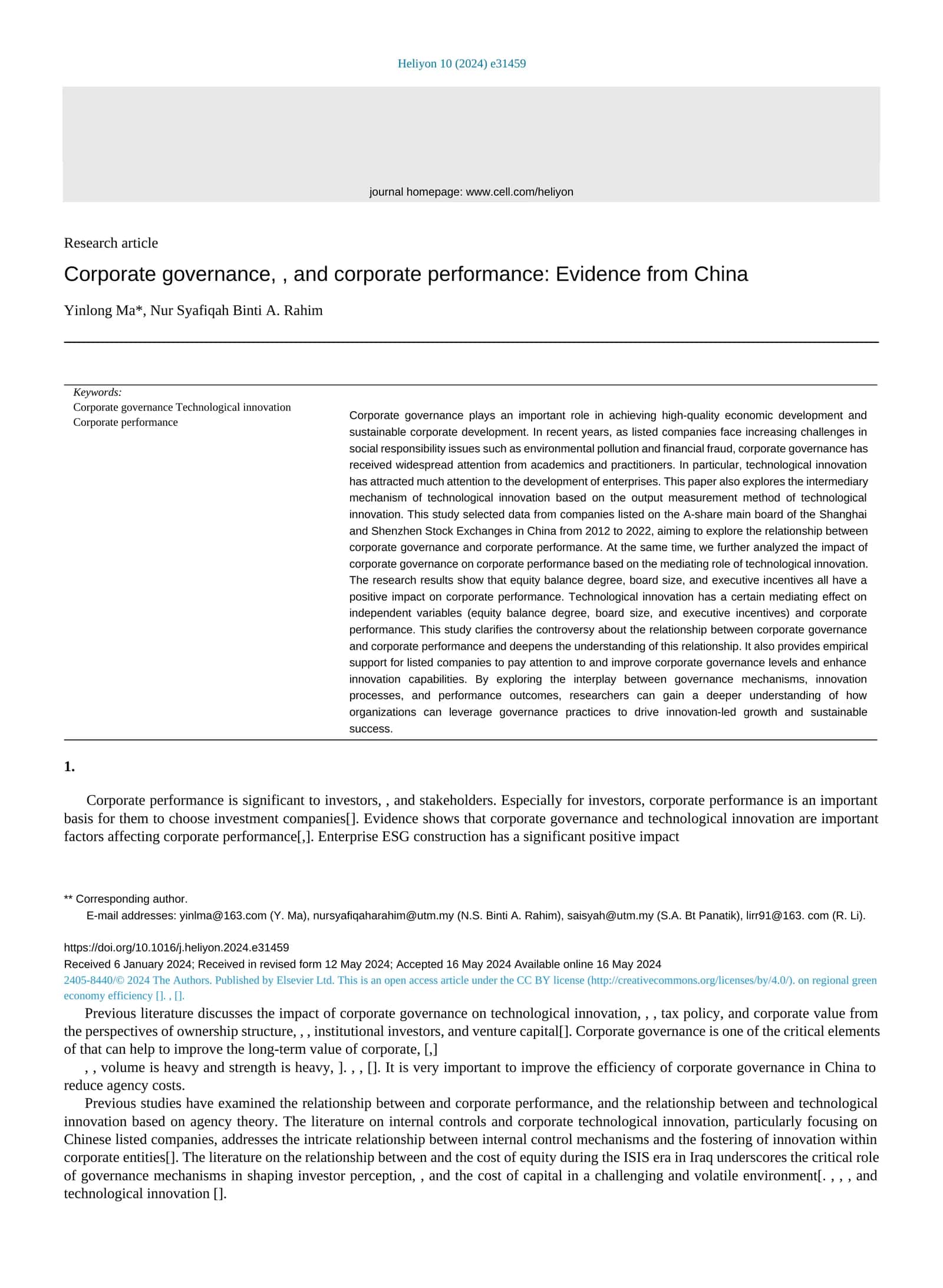Corporate governance,, and corporate performance: Evidence from China