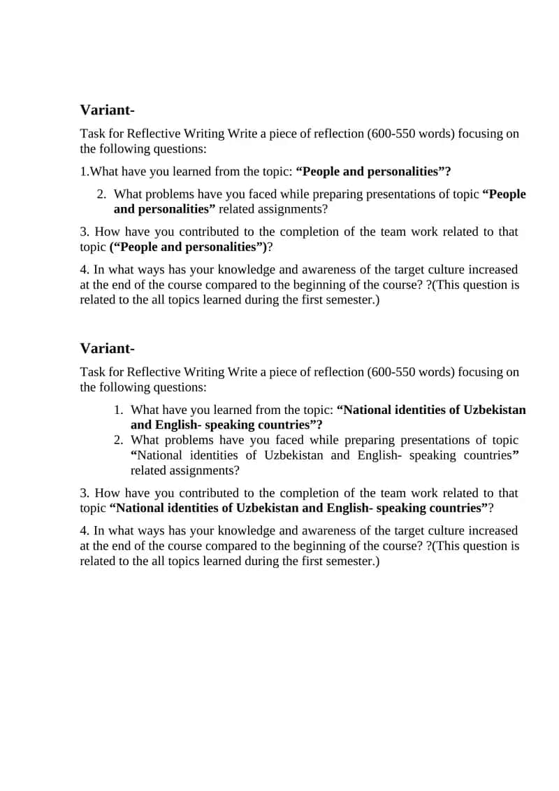 Task for Reflective Writing