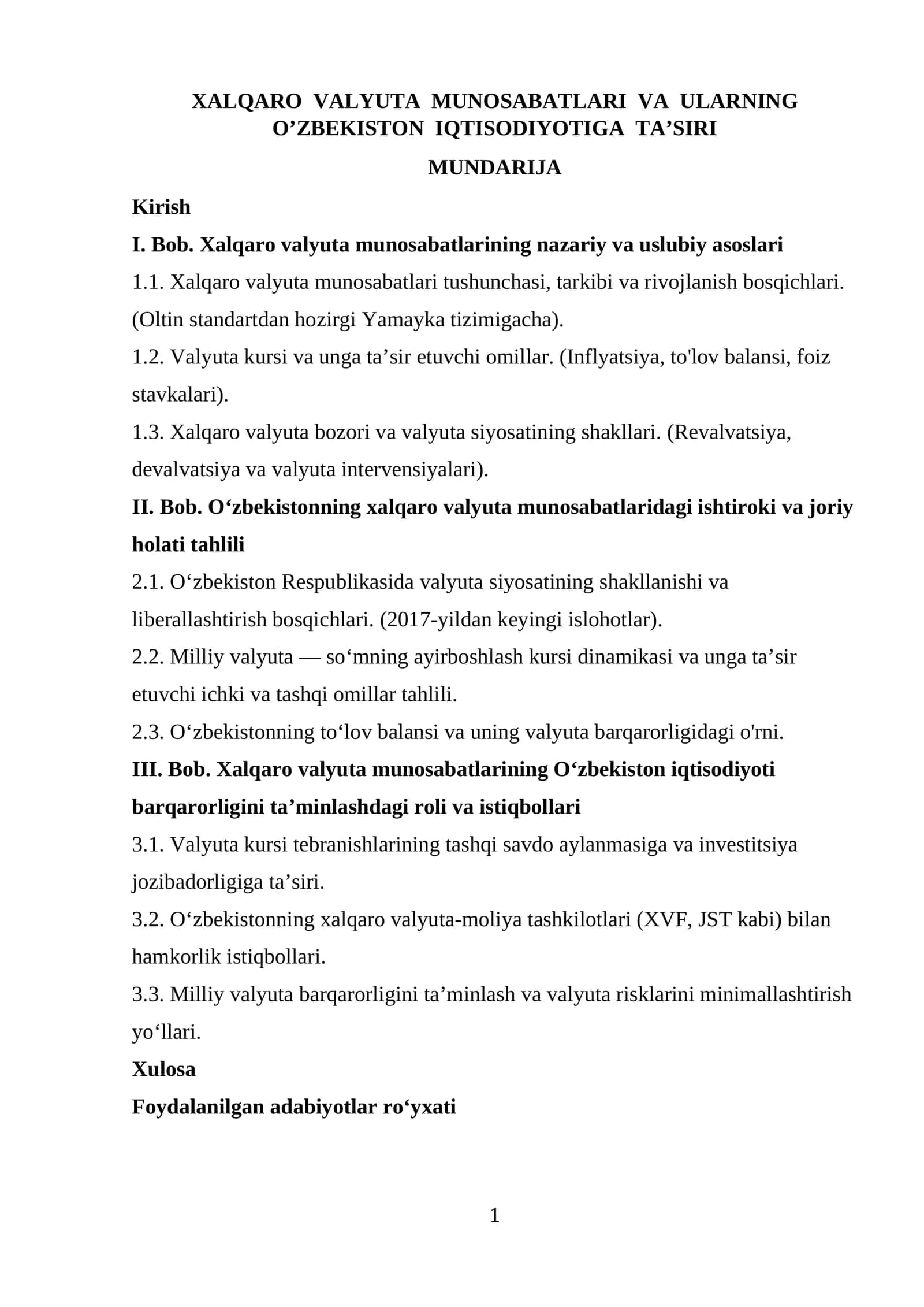XALQARO VALYUTA MUNOSABATLARI VA ULARNING O’ZBEKISTON IQTISODIYOTIGA TA’SIRI