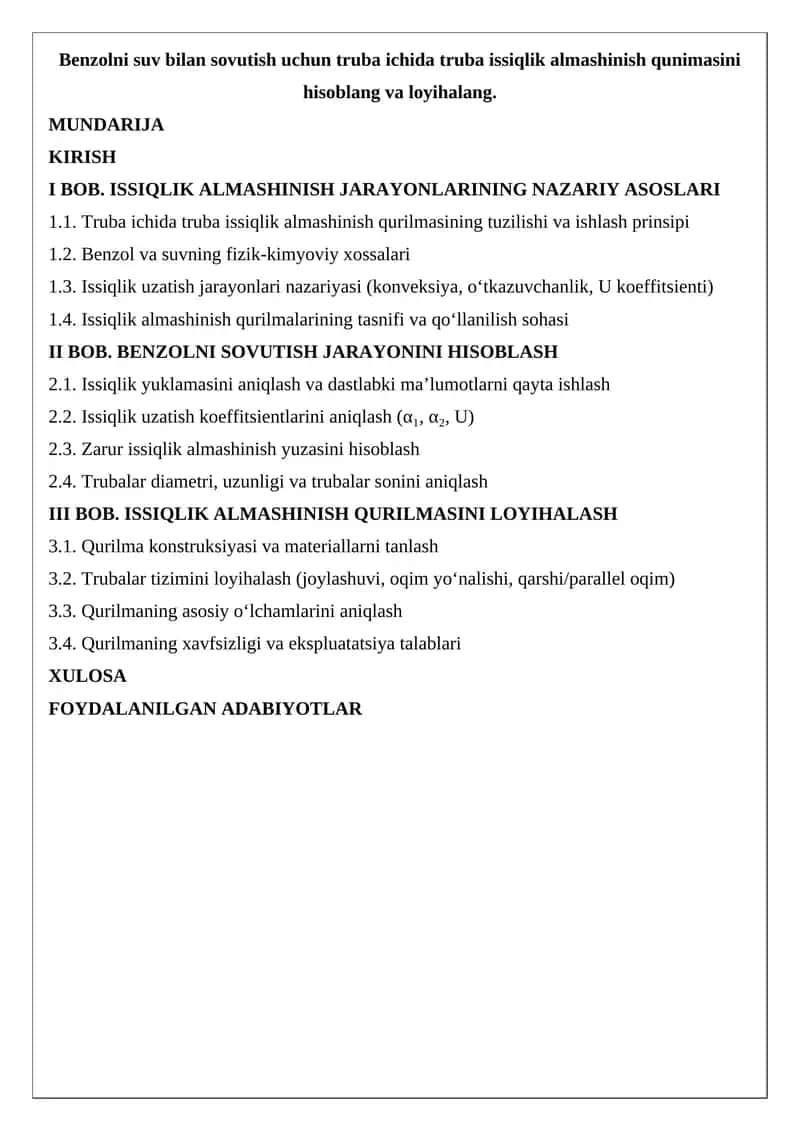 Benzolni suv bilan sovutish uchun truba ichida truba issiqlik almashinish qunimasini hisoblang va lo