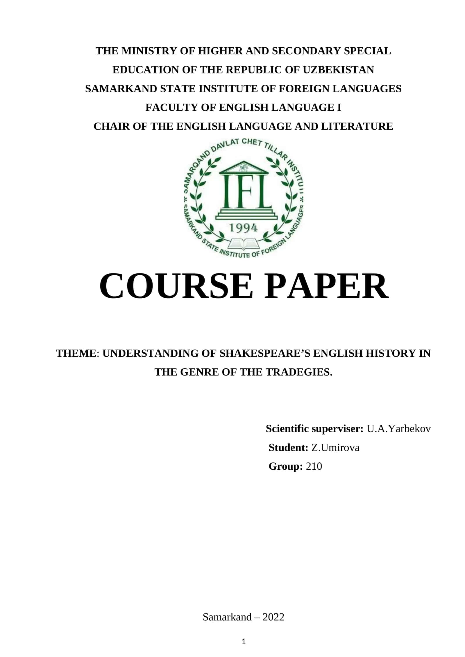 Understanding of Shakespeare’s English History in the Genre of the Tragedies