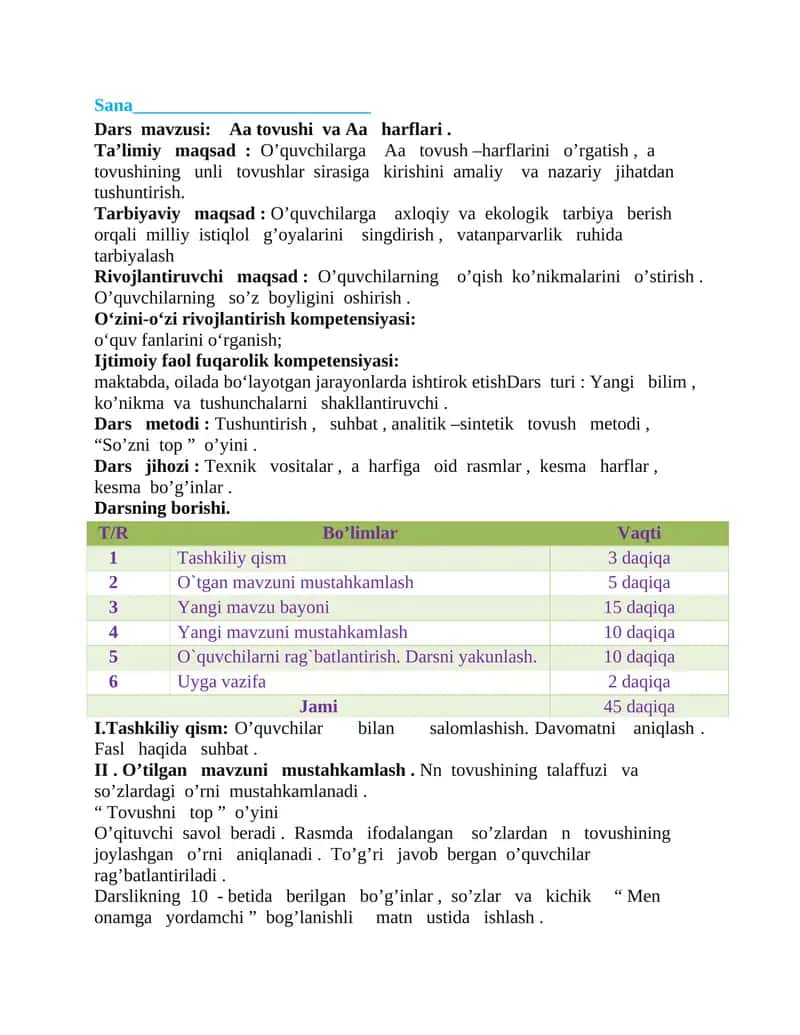 Aa tovushi va Aa harflari Dars ishlanmasi