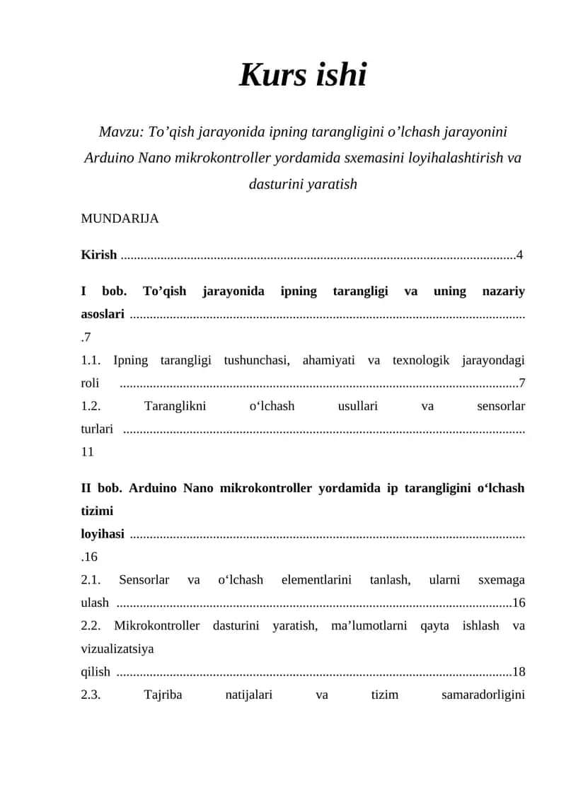 To’qish jarayonida ipning tarangligini o’lchash jarayonini Arduino Nano mikrokontroller yordamida sxemasini loyihalashtirish va dasturini yaratish