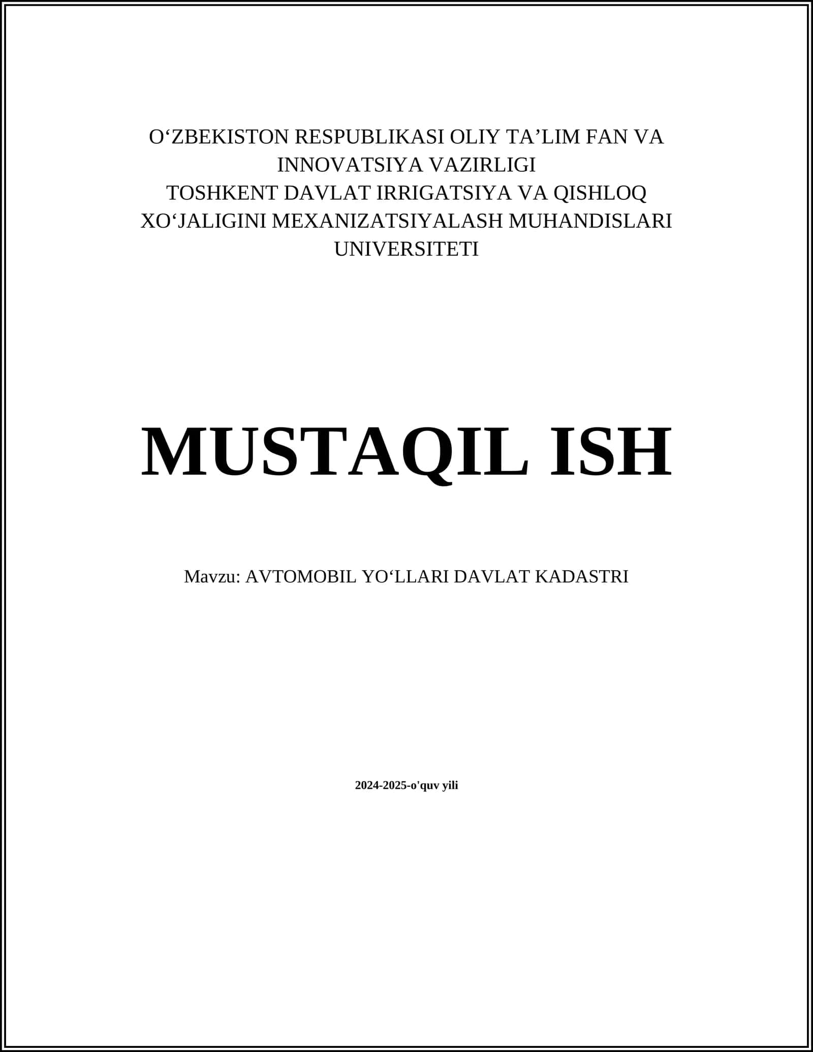 AVTOMOBIL YOʻLLARI DAVLAT KADASTRI