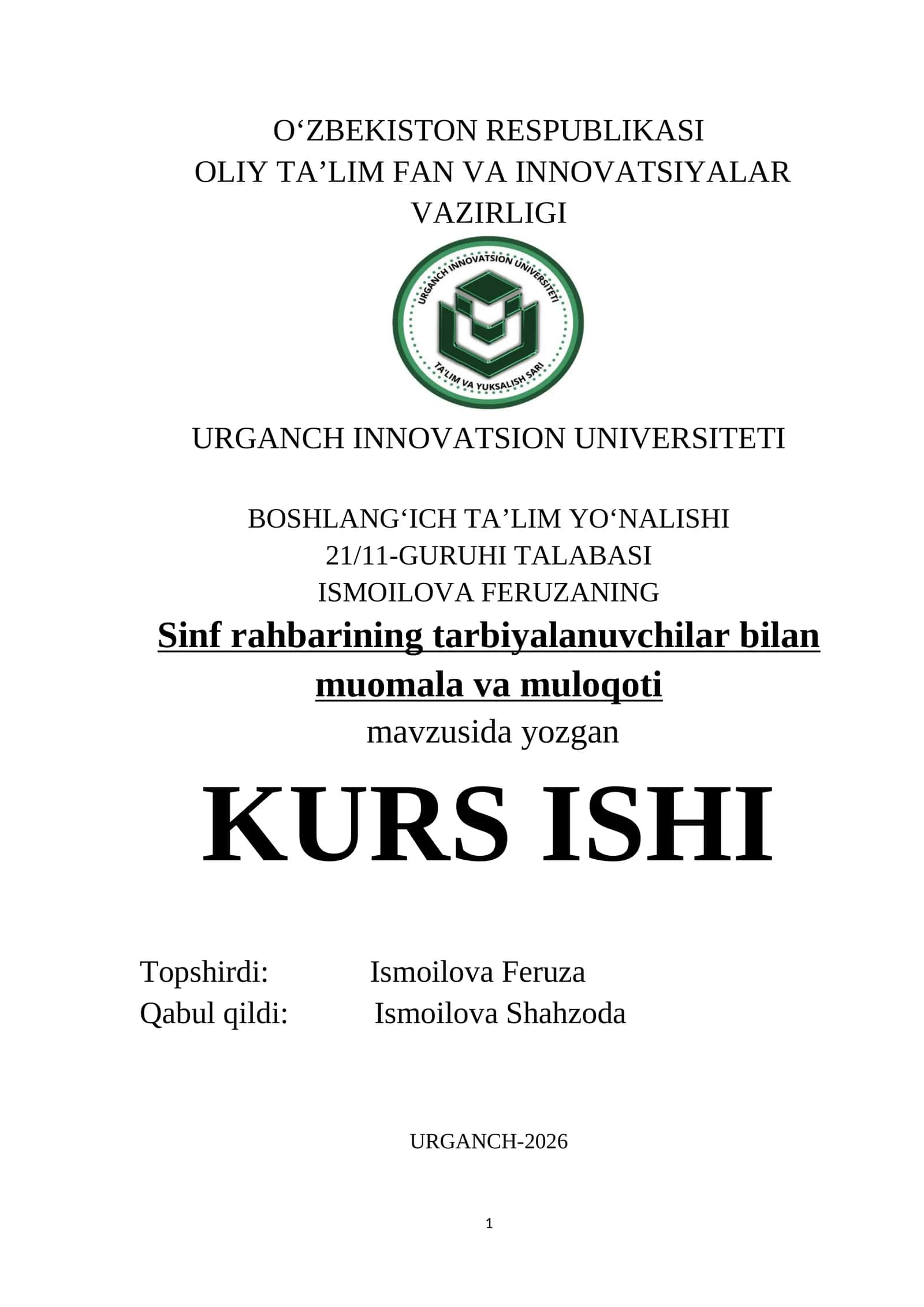 Sinf rahbarining tarbiyalanuvchilar bilan muomala va muloqoti