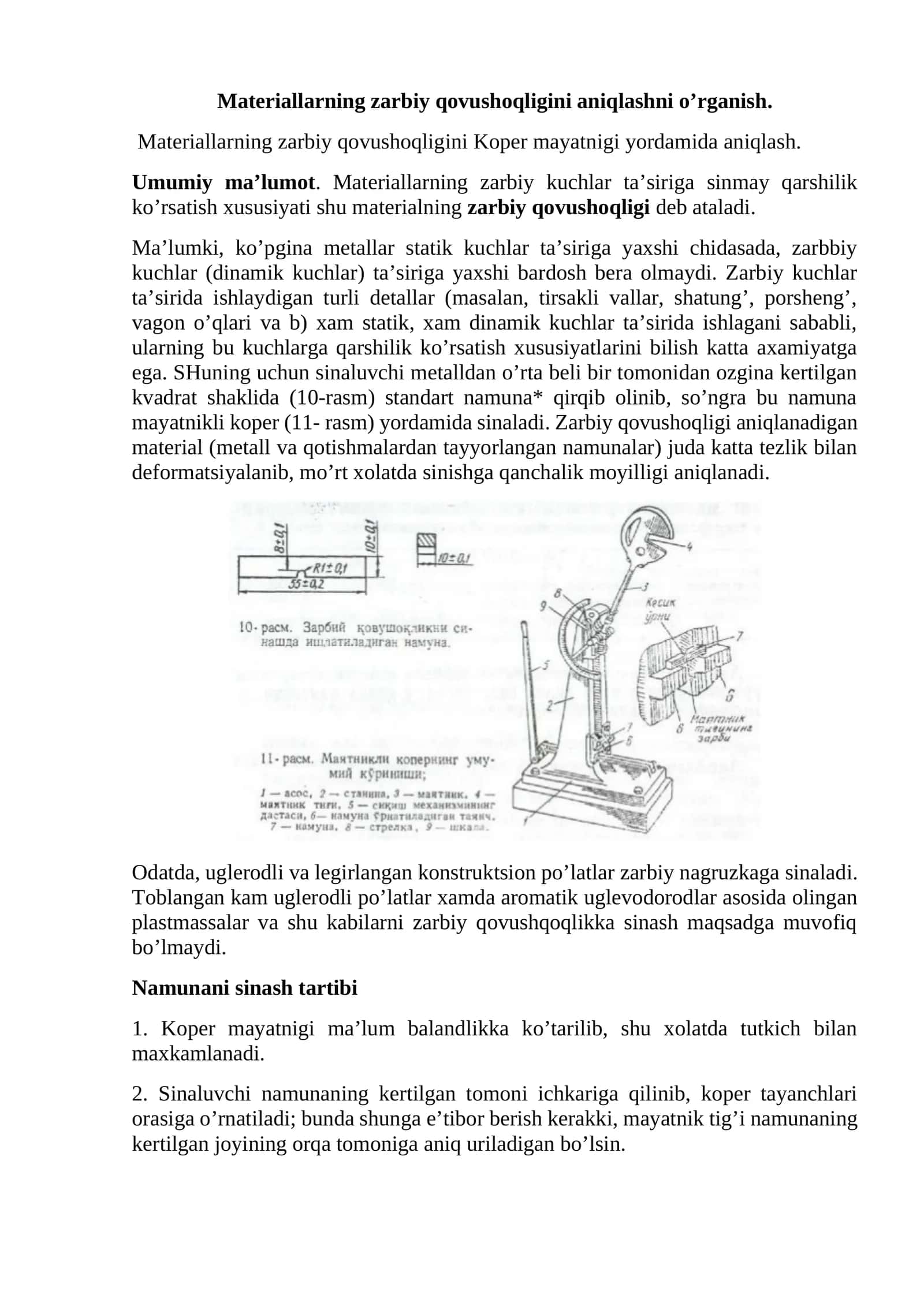 Materiallarning zarbiy qovushoqligini aniqlashni o’rganish