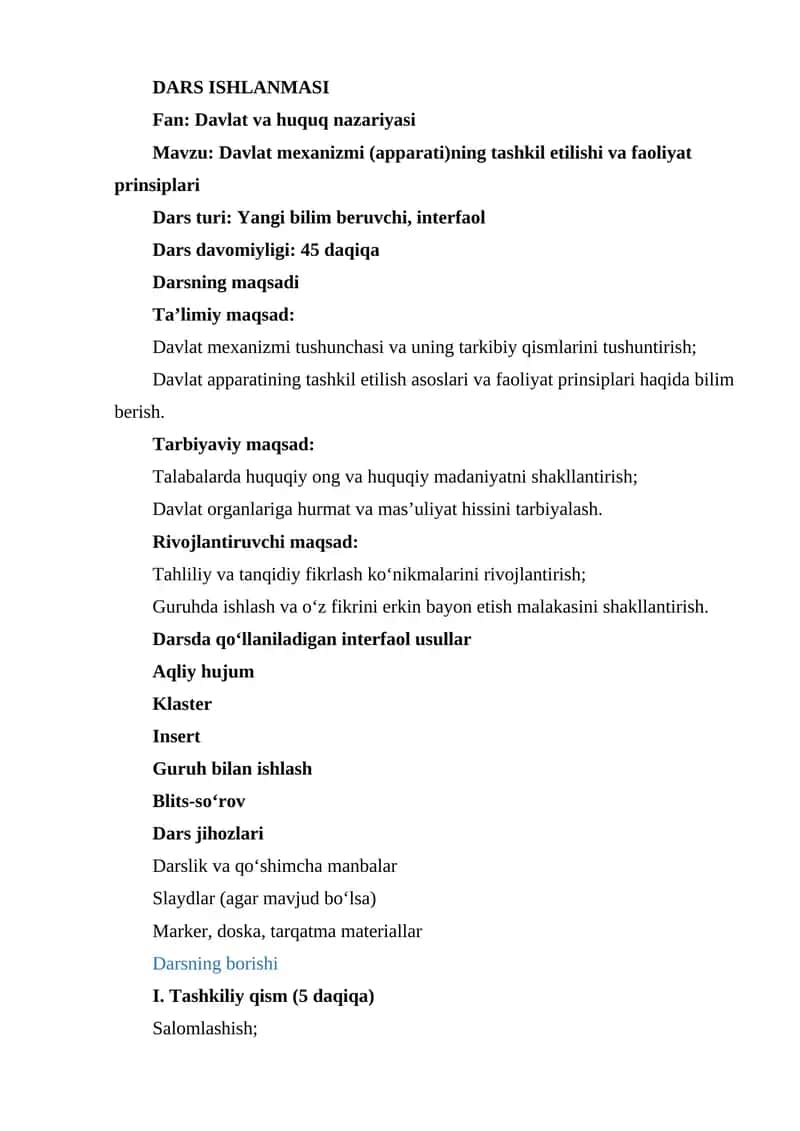 Davlat mexanizmi (apparati)ning tashkil etilishi va faoliyat prinsiplari dars ishlanmasi