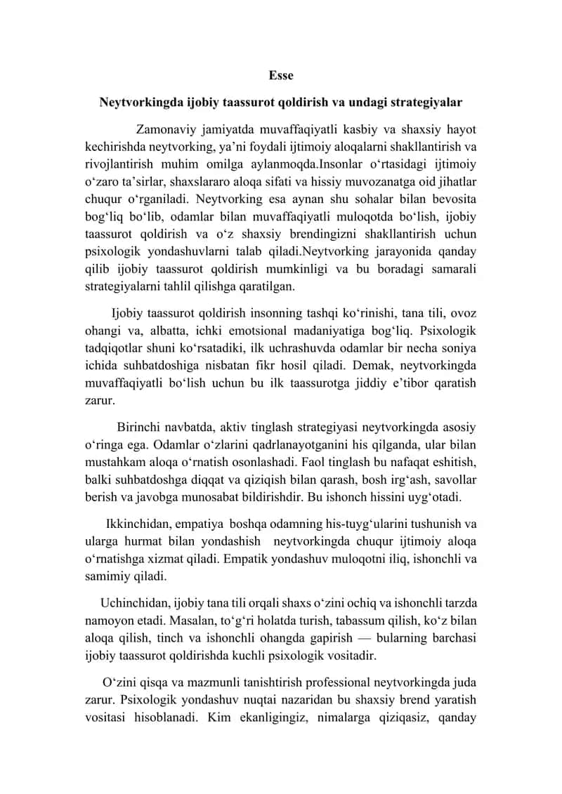 Neytvorkingda ijobiy taassurot qoldirish va undagi strategiyalar