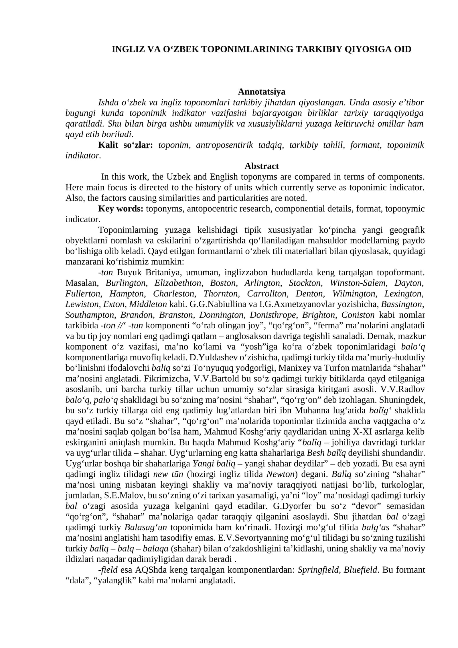 INGLIZ VA OʻZBEK TOPONIMLARINING TARKIBIY QIYOSIGA OID