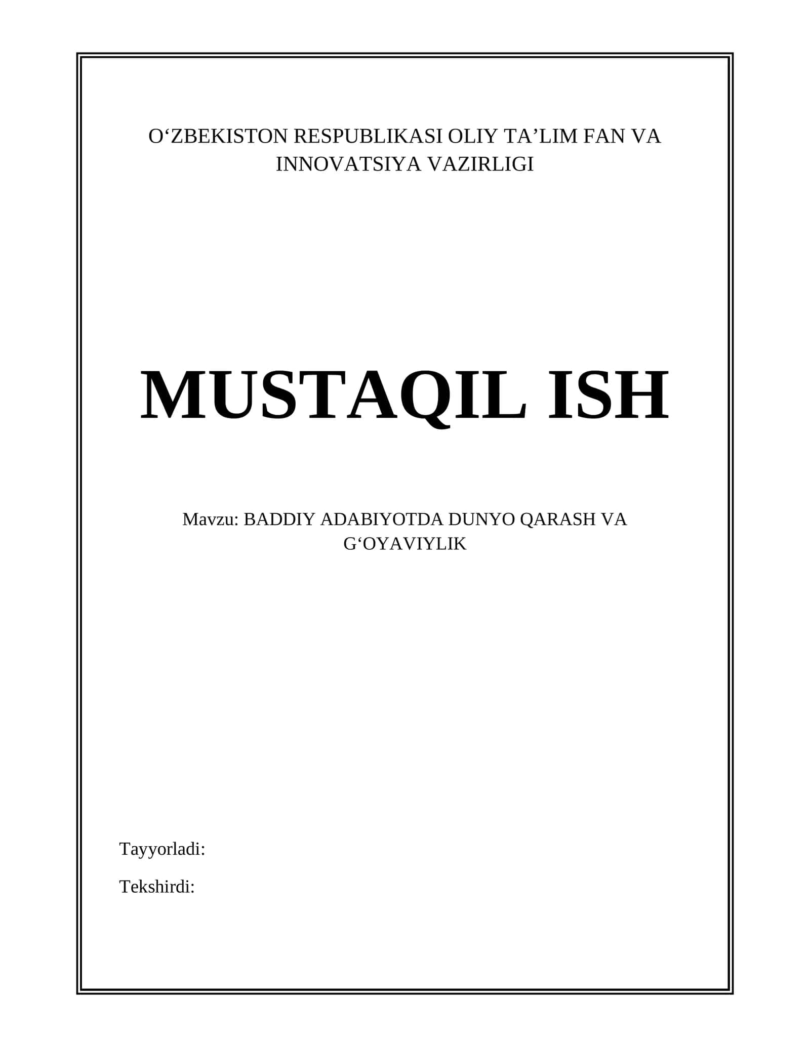BADDIY ADABIYOTDA DUNYO QARASH VA GʻOYAVIYLIK