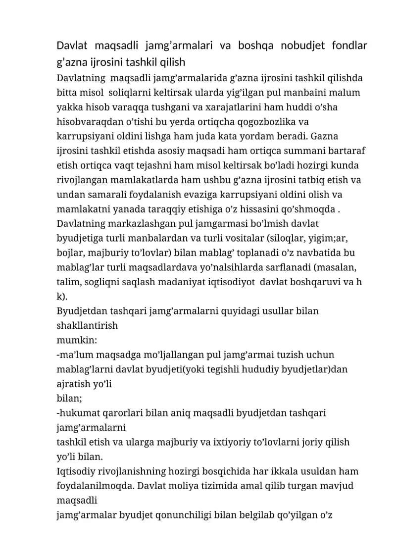 Davlat maqsadli jamg’armalari va boshqa nobudjet fondlar g’azna ijrosini tashkil qilish