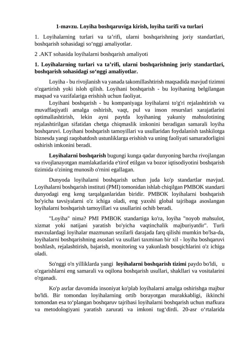 Loyiha boshqaruviga kirish, loyiha tarifi va turlari