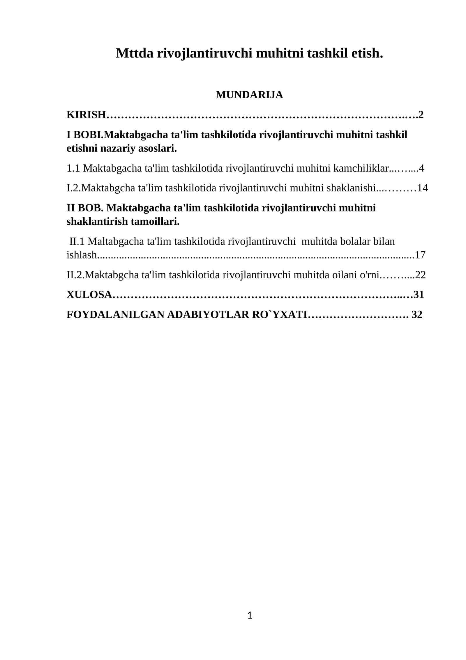 Maktabgacha ta'lim tashkilotida rivojlantiruvchi muhitni tashkil etish