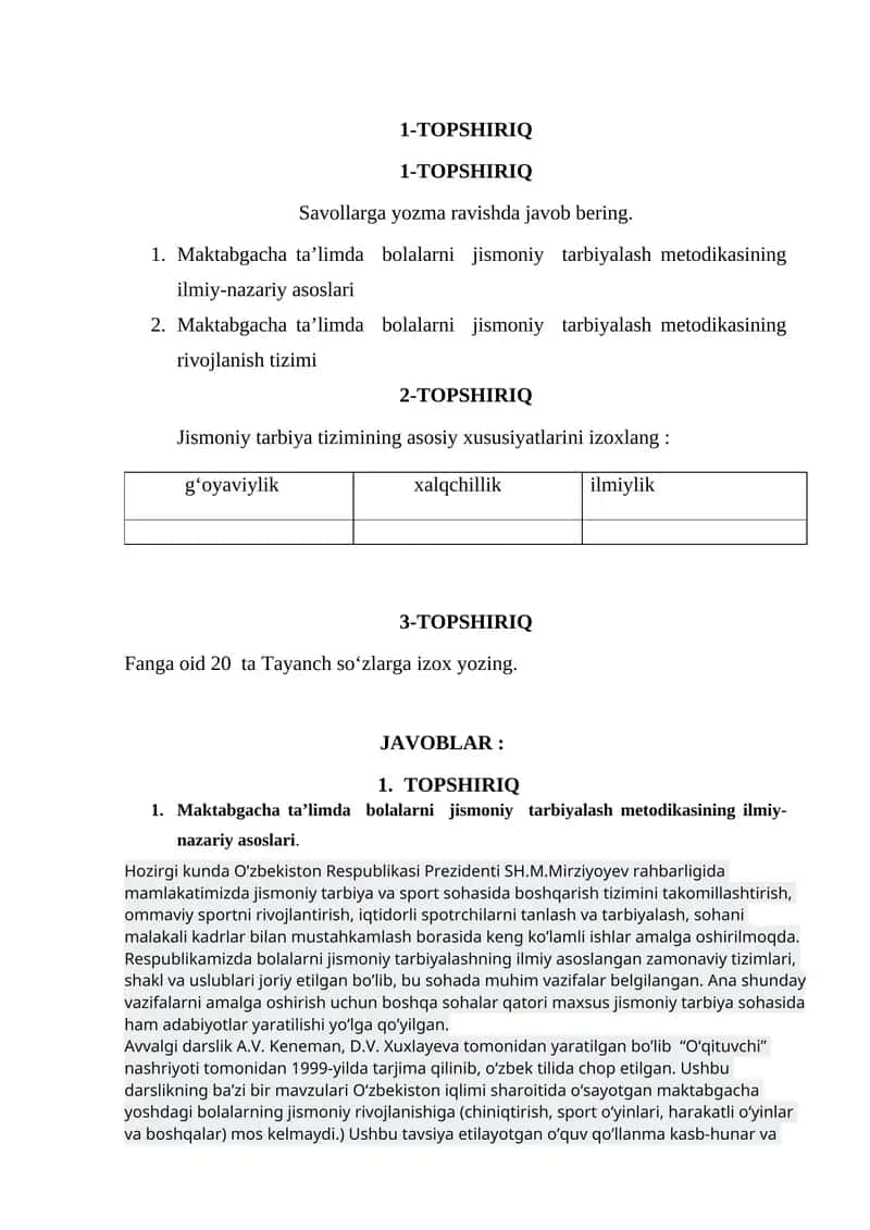Maktabgacha ta’limda bolalarni jismoniy tarbiyalash metodikasi
