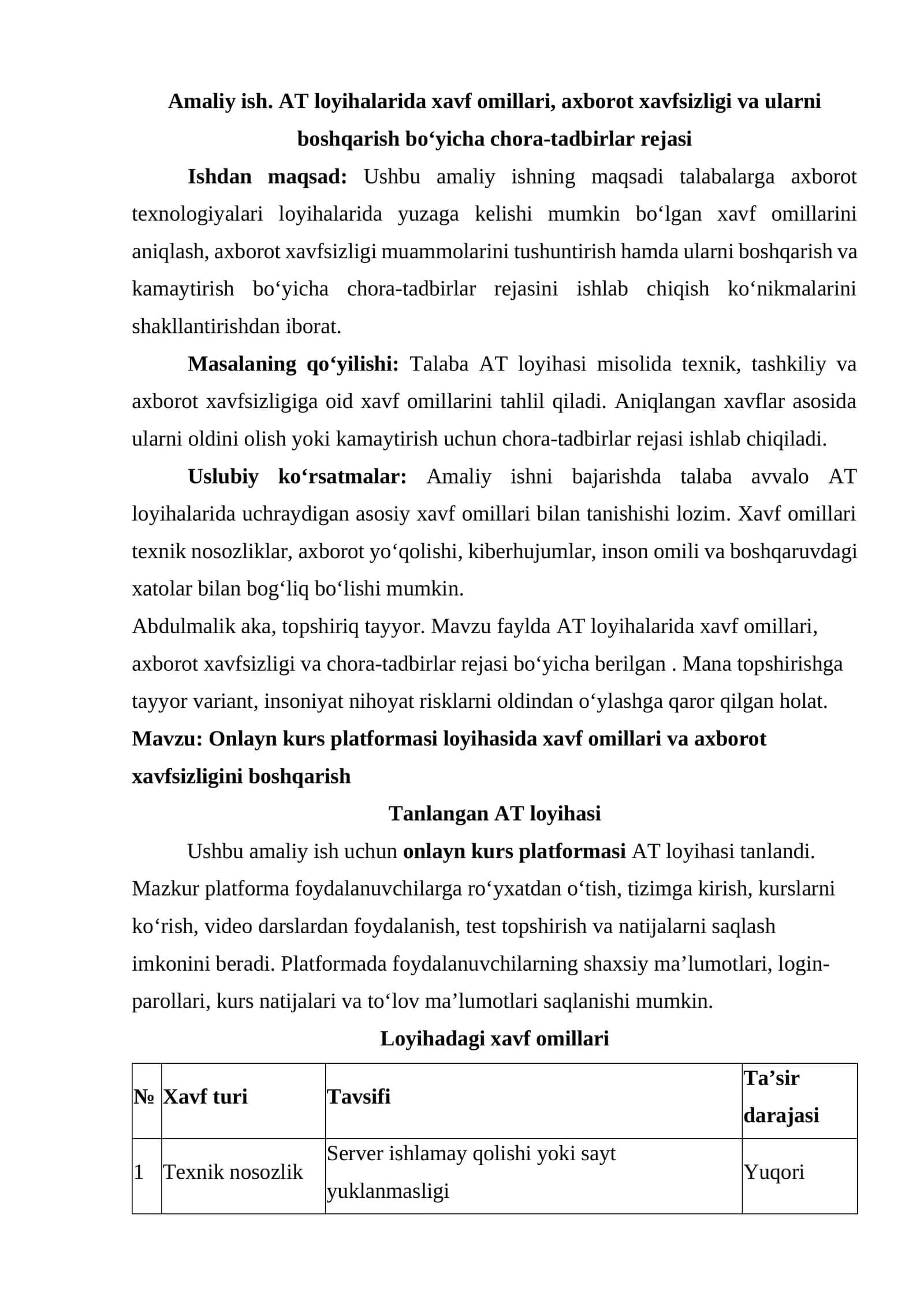 AT loyihalarida xavf omillari, axborot xavfsizligi va ularni boshqarish boʻyicha chora-tadbirlar rejasi