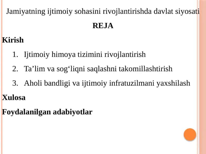 Jamiyatning ijtimoiy sohasini rivojlantirish davlat siyosati