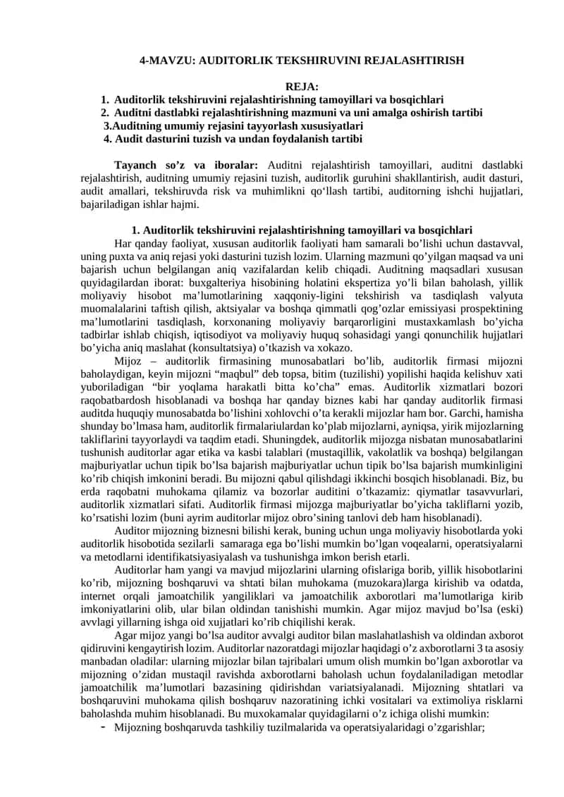 AUDITORLIK TEKSHIRUVINI REJALASHTIRISH