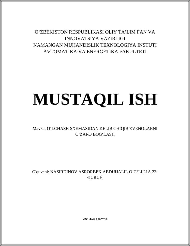 OʻLCHASH SXEMASIDAN KELIB CHIQIB ZVENOLARNI OʻZARO BOGʻLASH