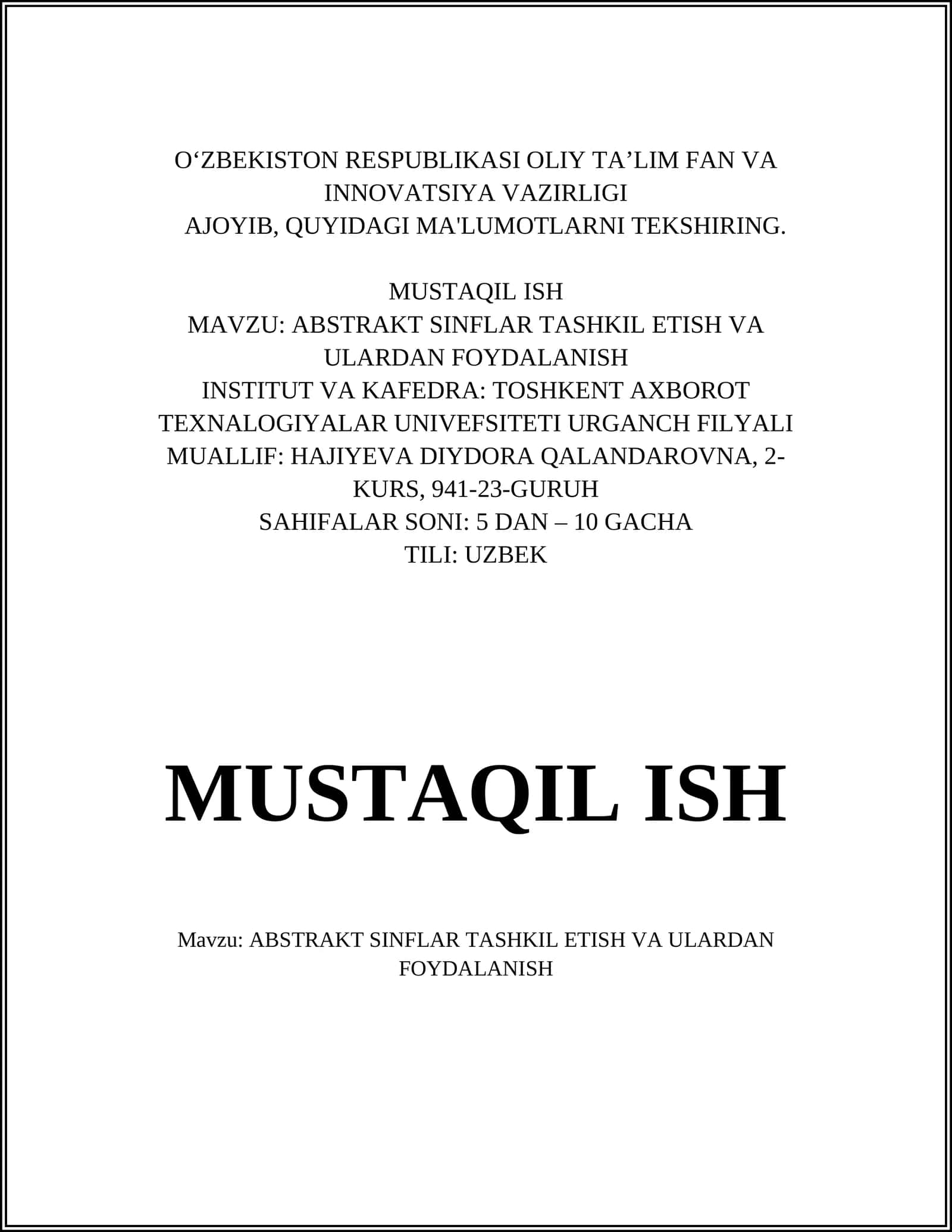 ABSTRAKT SINFLAR TASHKIL ETISH VA ULARDAN FOYDALANISH