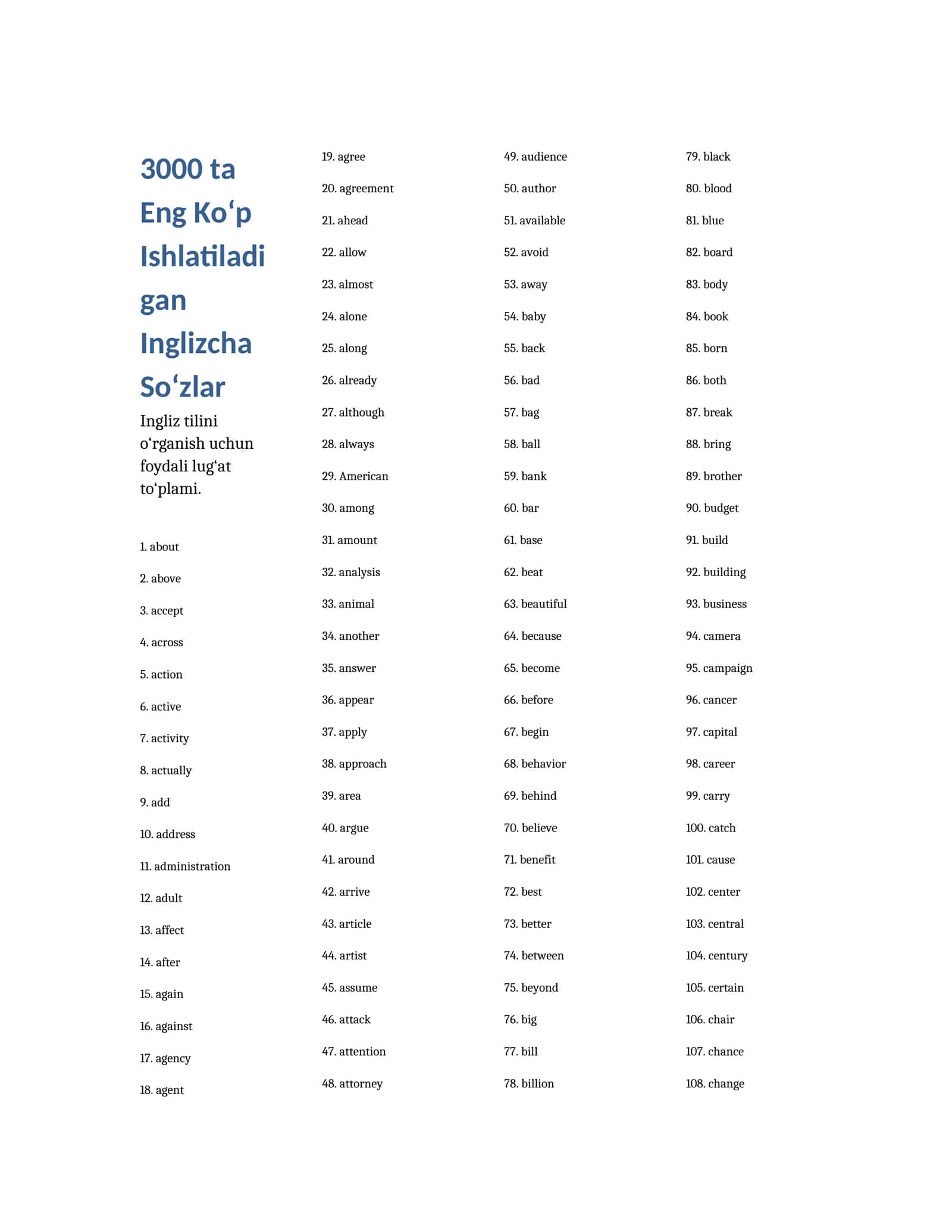 3000 ta eng ko‘p ishlatiladigan inglizcha so‘zlar ro‘yxati