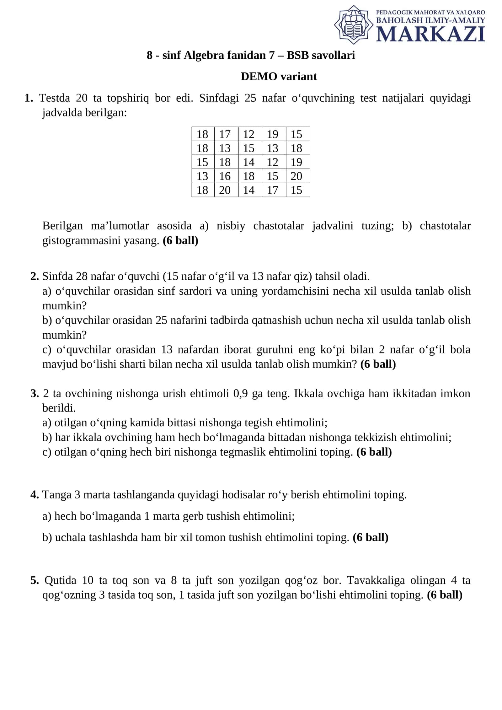 8 - sinf Algebra fanidan 7 – BSB savollari